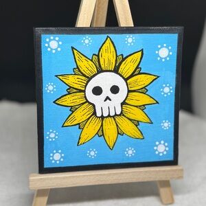 Sunflower Skull Art Painting - Blue and Yellow